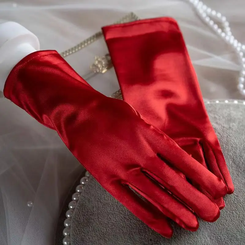 Simple Cheap Red Bride Gloves Satin Full Finger Pearls Wrist Wedding Party Accessories Bridal Women Gloves Evening Prom Glove