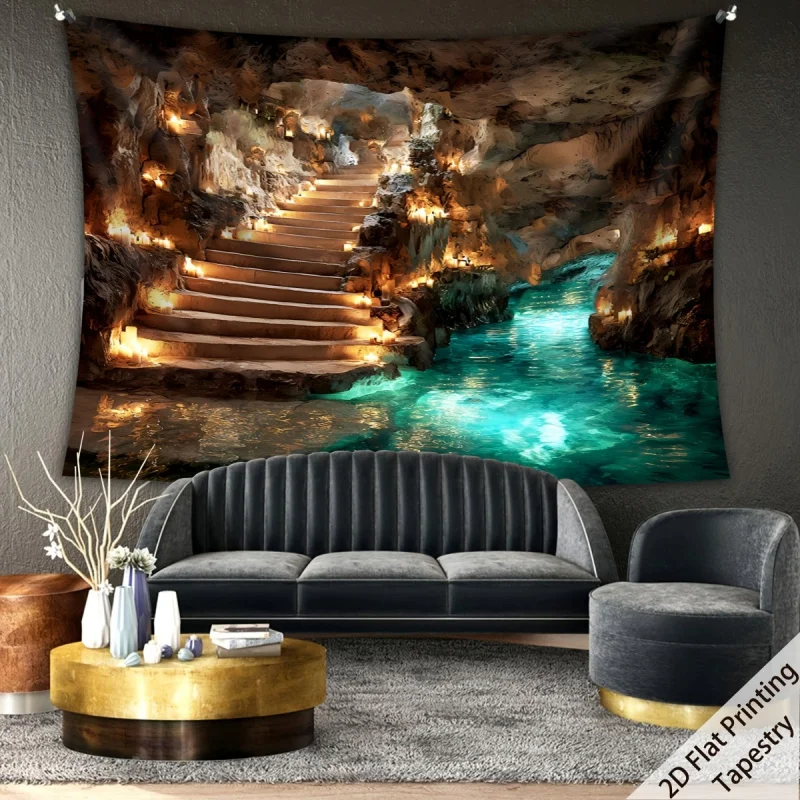 Nordic Style Cave Exploration Scenery Tapestry Living Room Bedroom Office Polyester Fiber Wall Hanging Home Decoration