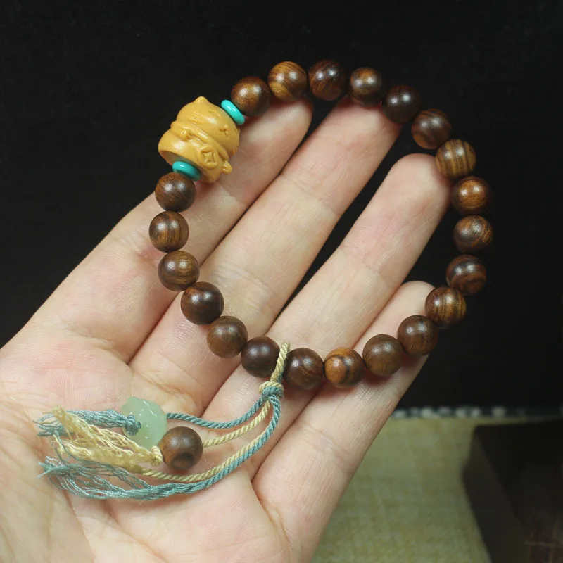 Black Rosewood 8mm Fortune Cat Buddha Bead Bracelet, Simple Forest Style Women's Lotus Bead Bracelet, Decorative Prayer Beads