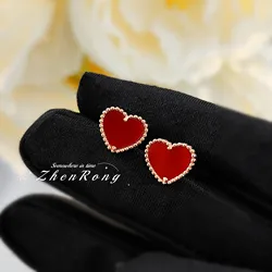 Foydjew 2024 New Trend Korean Fashion Natural Red Agate Heart-shaped Design Stud Earrings Women's Simple Ear Accessories