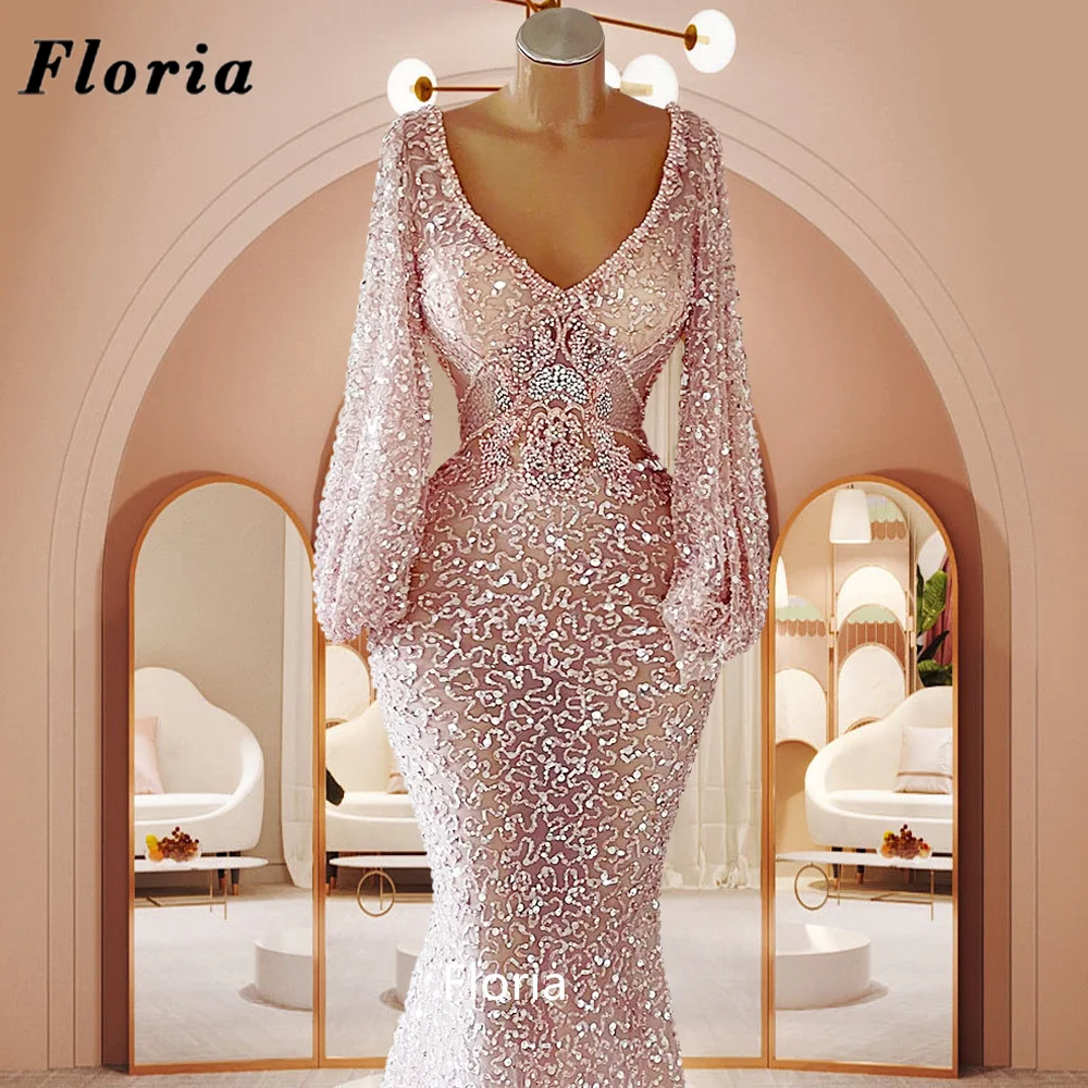 

Floria Middle East Pink Mermaid Evening Dresses For Celebrity Luxury Beading Sequins Prom Dress V Neck Customize Wedding Party