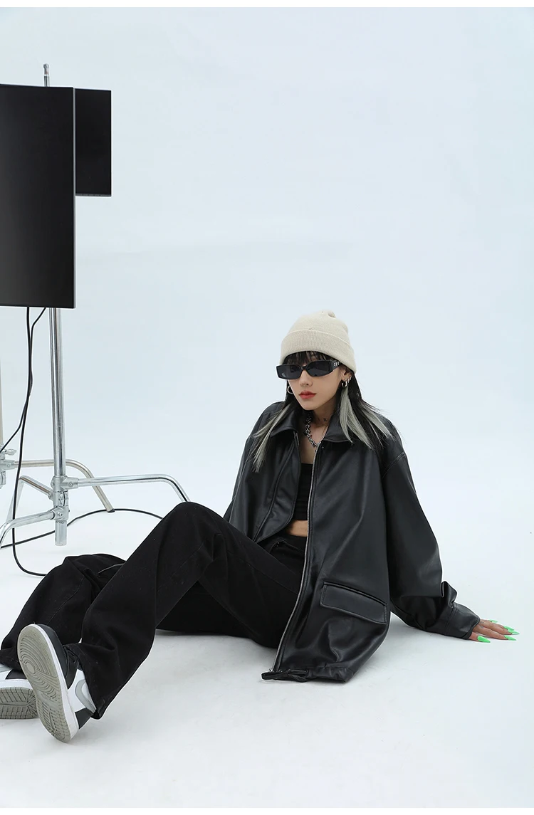Lautaro Spring Autumn Oversized Casual Waterproof Black Soft Pu Leather Jacket Women with Drop Shoulder Long Sleeve Fashion 2022