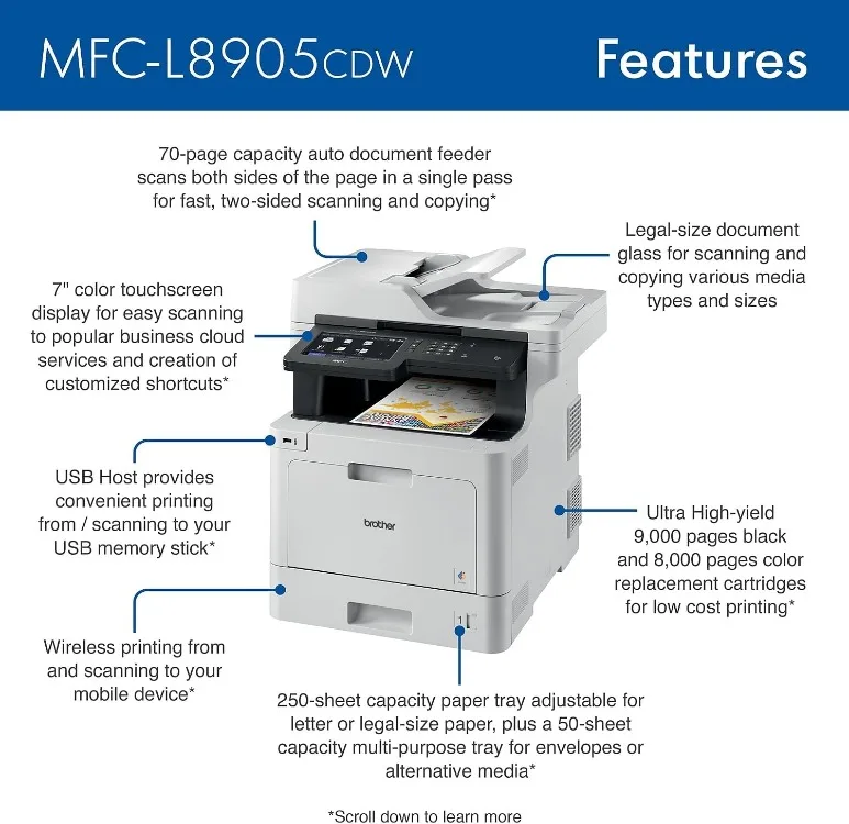 MFC‐L8905CDW Business Color Laser All‐in‐One Printer, 7” Touchscreen Display, Duplex Print/Scan, Wireless, White