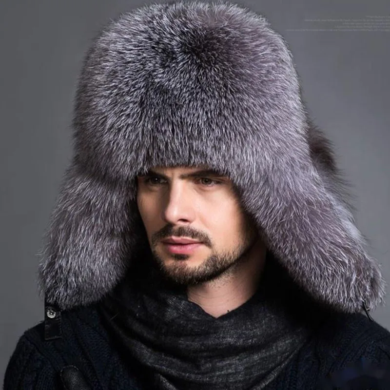 Real Fox Fur Hats Men\'s Winter Fur Bomber Hat Natural Raccoon Fur Snow Cap Luxury Russian Warm Hat For Men Earflap Ushanka Hat