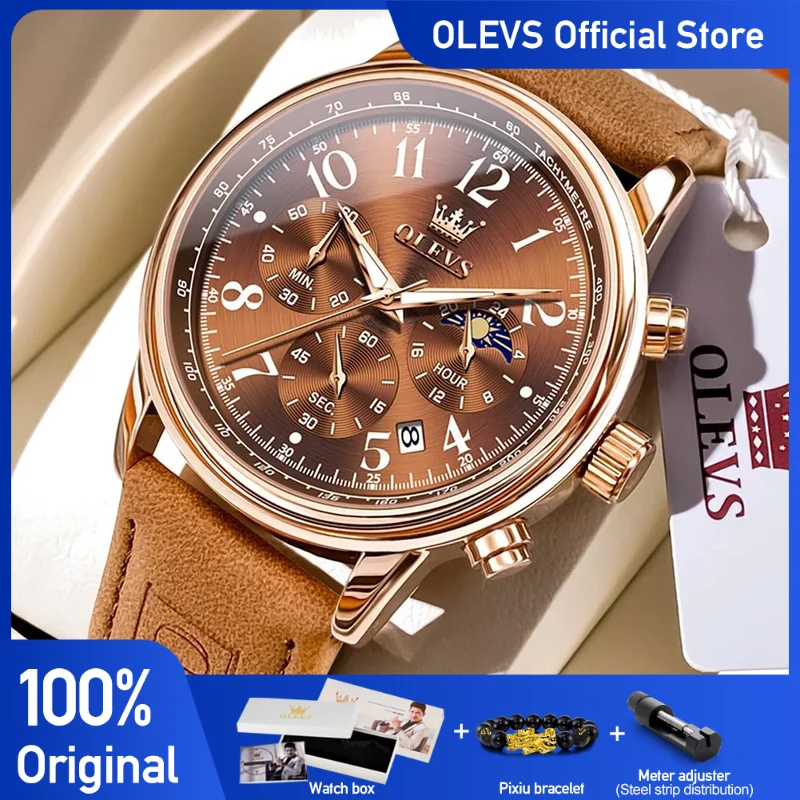 OLEVS Men\'s Watches Young Sports Style Original Quartz Wristwatch for Man Waterproof Luminous Chronograph Date Moon Phase