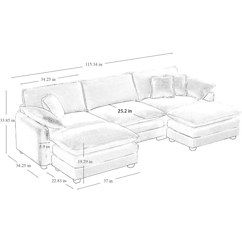 Deep Seat Oversized Modular Sectional Sofa Comfy Cloud Couch, Modern Corduroy Upholstered U/L Shaped Sleeper Sofa&Couch