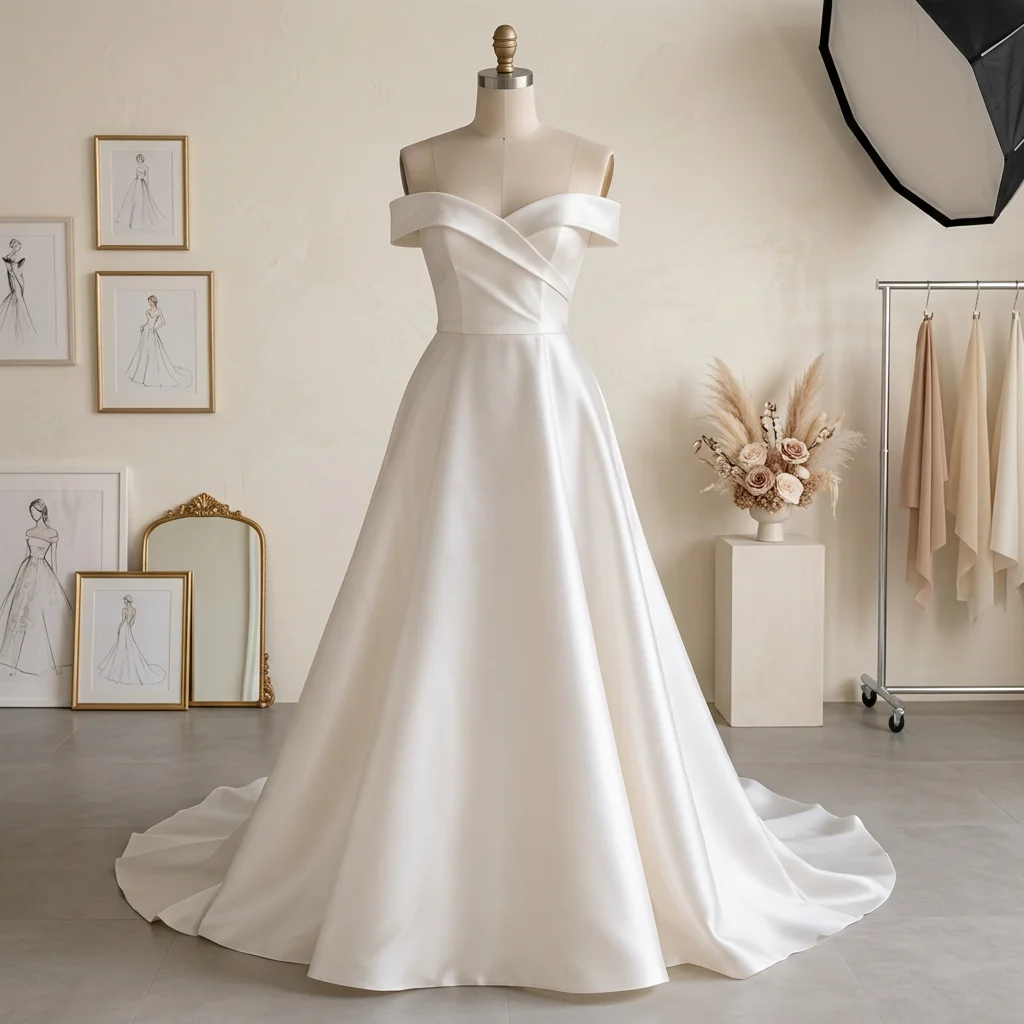 Off Shoulder Satin A Line Wedding Dress with Button Back & Train Minimalist Elegant Bridal Gown