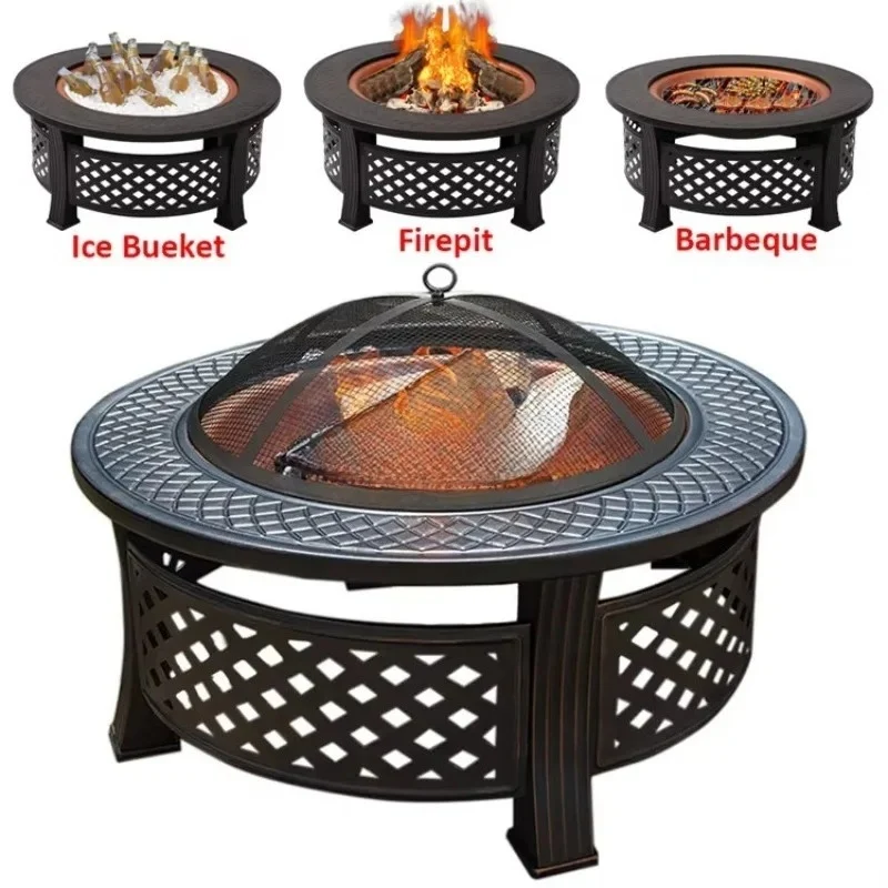 

32inch 3 in 1 Wood Burning Corten Steel Fire Pit Grill Ice Bucket Table Outdoor Camping Portable Heat Resistant Backyard