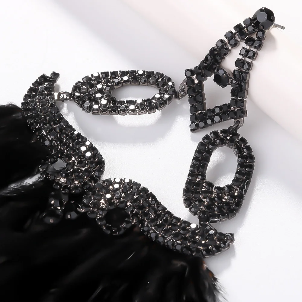 Stonefans Boho Black Feather Earrings Dangle Belly Dance Women 2024 Indian Bridal Exaggerate Rhinestone Earrings Prom Jewelry
