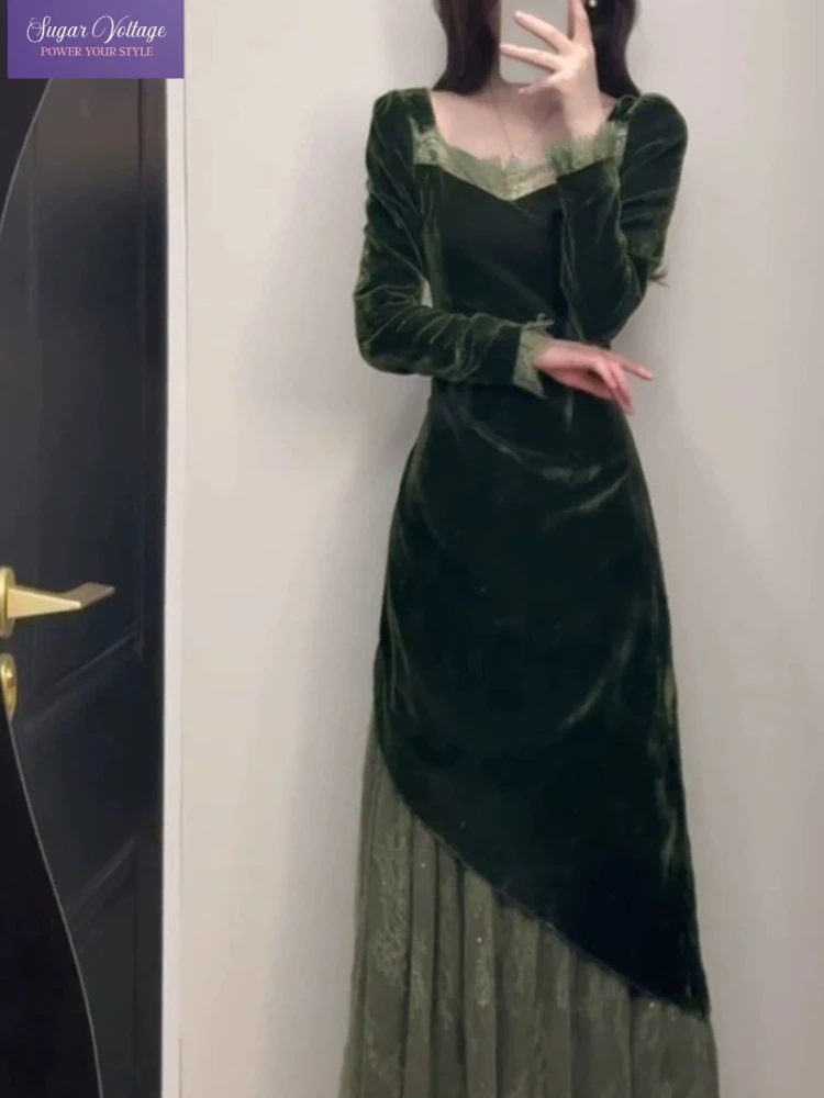 French Vintage Elegant Velvet Dress Women Autumn 2025 Green Slim Long Sleeve High Waist Fake 2 Piece Maxi Dress Retro Chic Style