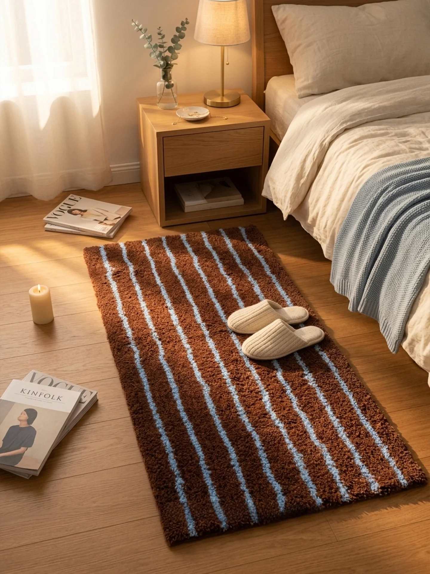Salt Vintage Style Bedroom Carpet Living Room Sofa Anti-Slip Stripe Plush Floor Mat Creamy Style Hand Washable Rectangle Rug