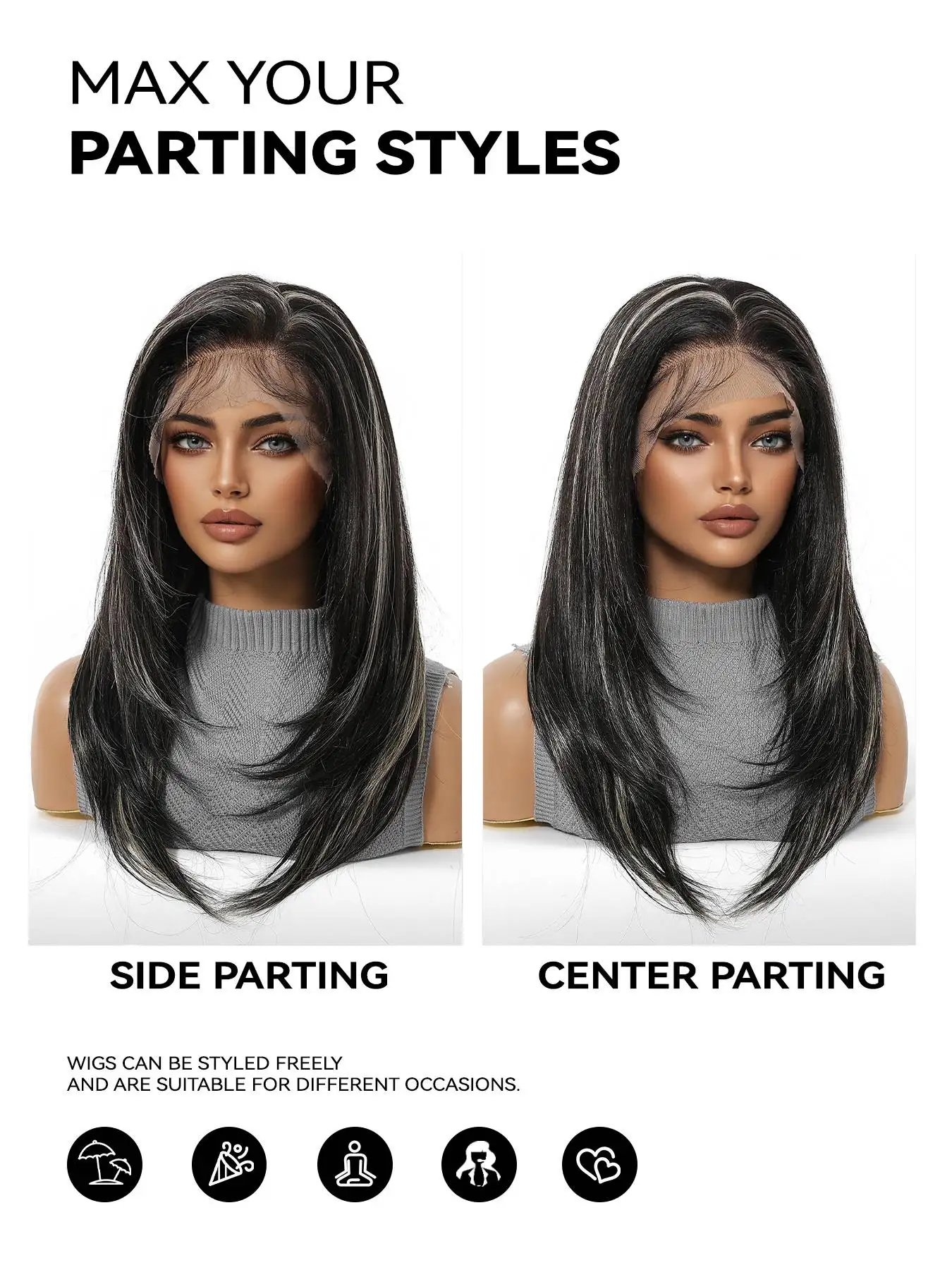 Topshe 13x6 Lace Front Wig Long Straight Black With Grey Highlights Natural Synthetic Hair for Women Daily Cosplay Party Wig Use