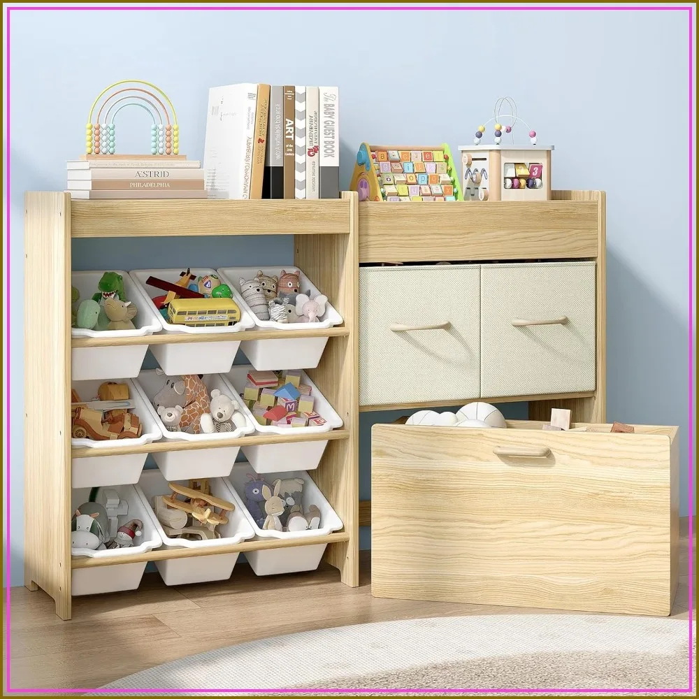 

9-Bin Toy Storage Organizer with Drawers, Movable Chest & Top Rack, Solid Pine Wood Bookshelf for Kids, White