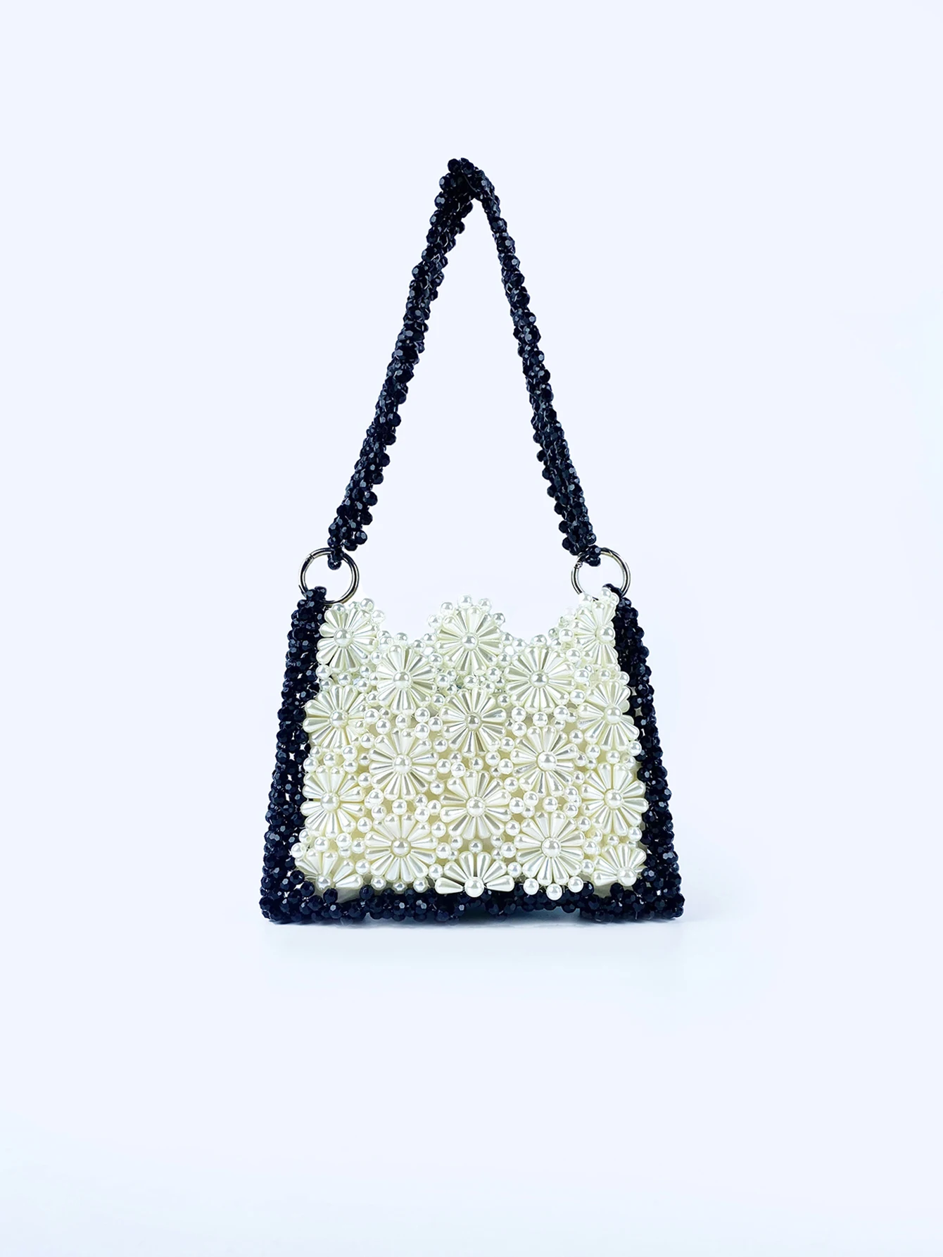 European and American fashion retro hollowed out pearl beaded woven floral black and white contrasting versatile shoulder bag view 2