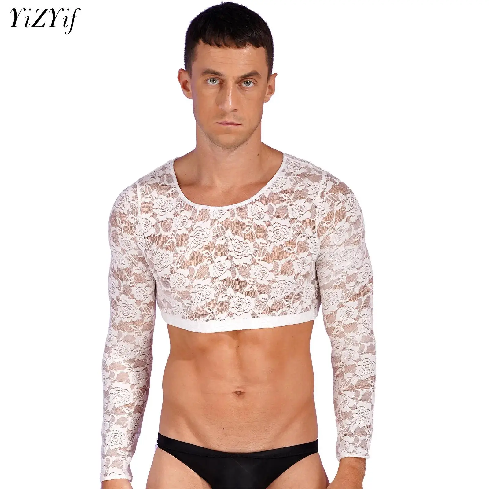 Men Floral Lace T Shirt Crop Tops See Through Sheer Undershirt Sexy Long Sleeve Male Blouse Streetwear Sissy Vest Camisetas