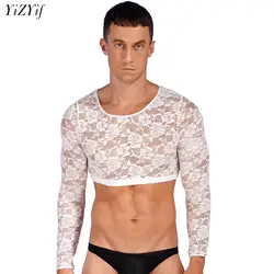 Men Floral Lace T Shirt Crop Tops See Through Sheer Undershirt Sexy Long Sleeve Male Blouse Streetwear Sissy Vest Camisetas