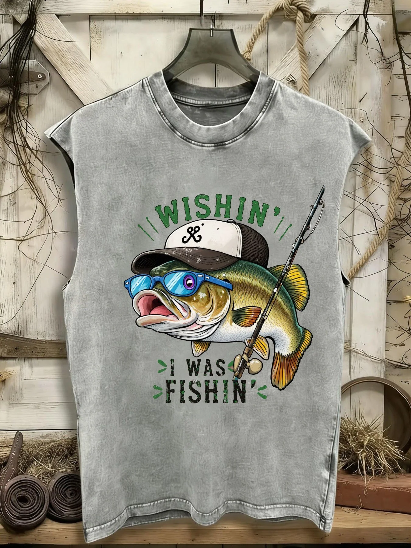 100% Sleeveless Tank Top, 210G Washed Tank Top, Printed with Fishing Bass Pattern 