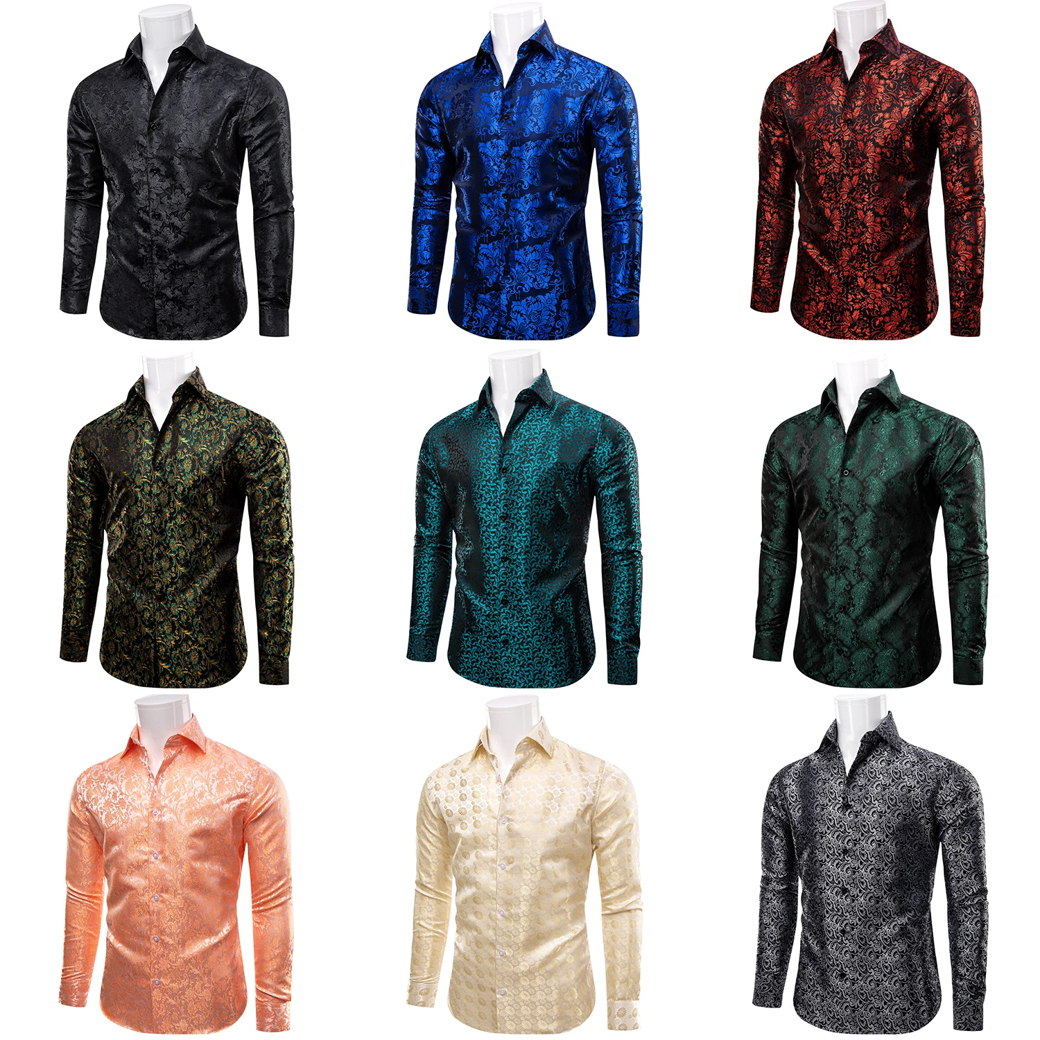 Luxury Causal Men's Black Paisley Shirt for Man Single Breasted Long Sleeves Turn-Down Collar Green Blouse Fashion Men's Cloth