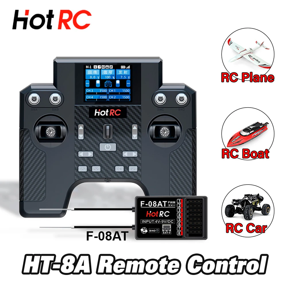 HOTRC HT-8A Transmitter 8CH Radio Controller Cruise Control Gyroscope 300M with F-08AT Receiver For Model Aircraft Car Boat