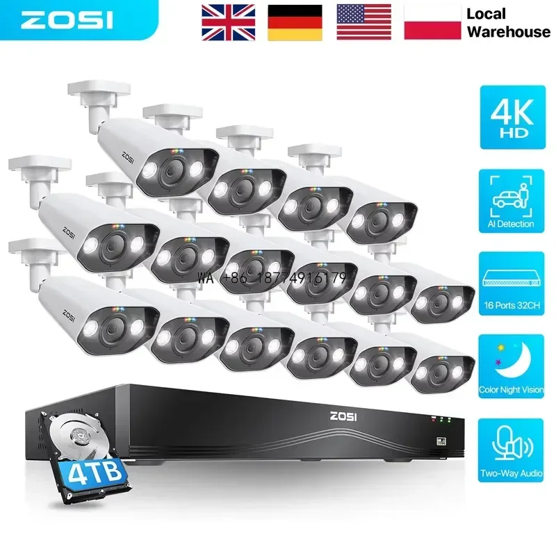 wmwmnu ZOSI 16CH 4K PoE CCTV Security Full System 16 Port 32CH Dual-Disk NVR 2-Way Audio 8MP Outdoor Home Business