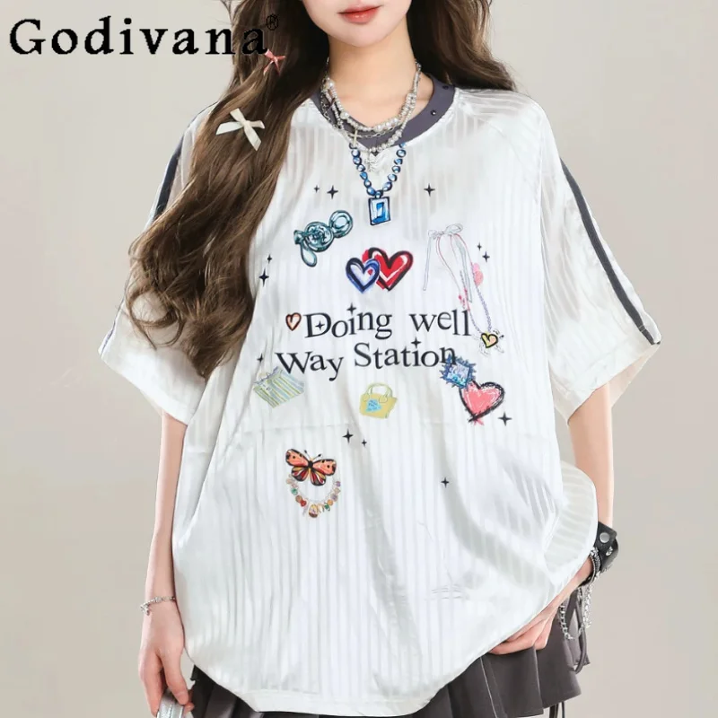 American Printed V-neck Short Sleeve T-shirt Women Summer 2026 New Chic Loose Versatile Age-reducing Sweet Girl Loose T-shirts