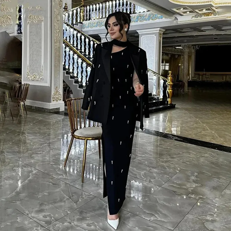 Aleeshuo Modern Black Two-piece Mermaid Prom Dresses Sexy High Neck Long Sleeves Evening Dresses Pleat Pearls Gown Customized