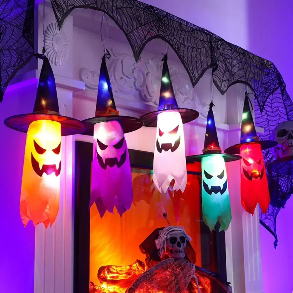 

5PCS Halloween Lumious Witch Hat String Lights Colored LED Light Halloween Glowing Decoration for Yard Tree Garden Party Decor