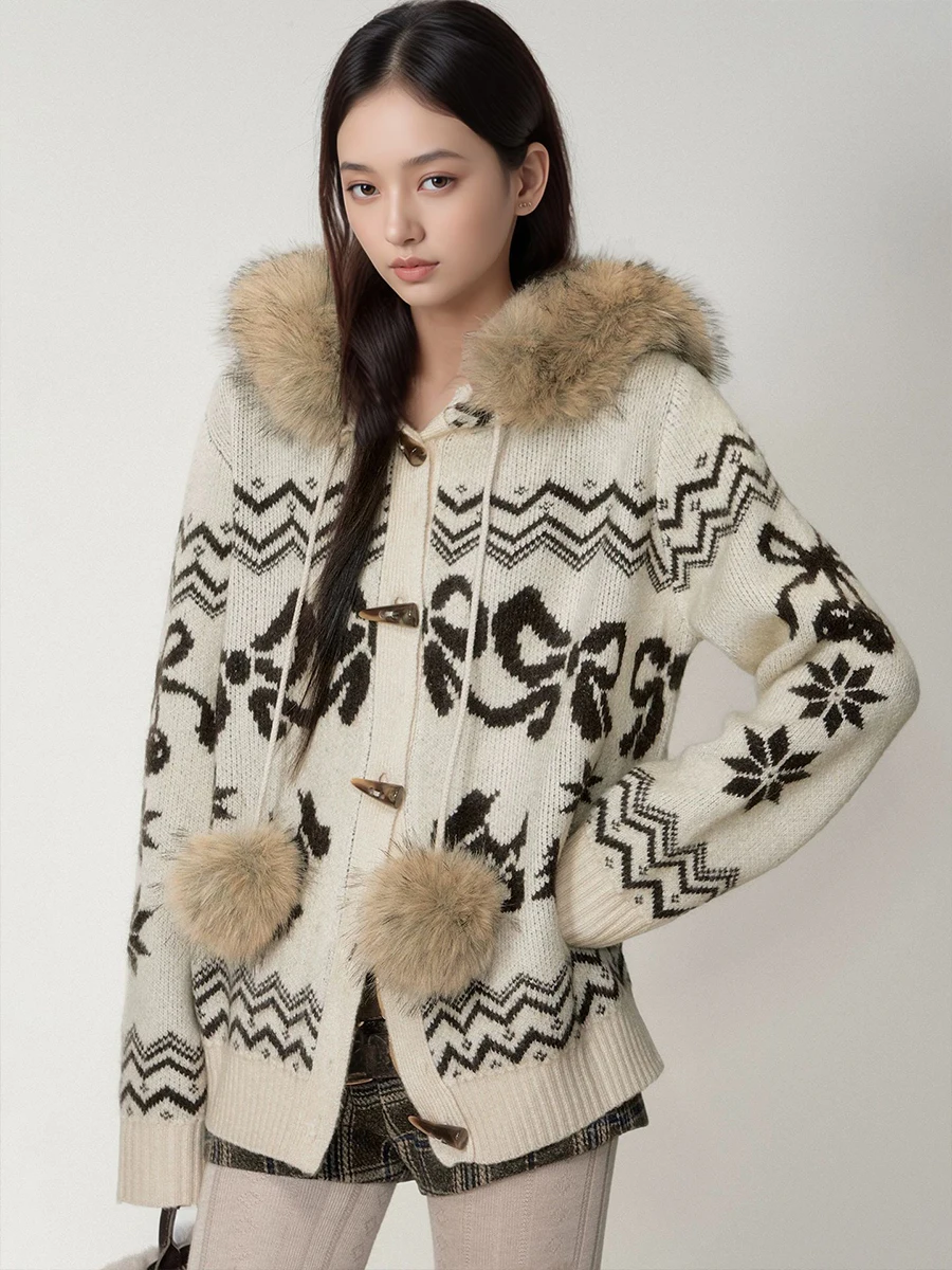 

Женский зимний винтажный кардиган с меховым воротником и капюшоном, этническое жаккардовое вязаное пальто с роговой пуговицей, куртка-свитер, верхняя одежда в стиле ретро со снежинками