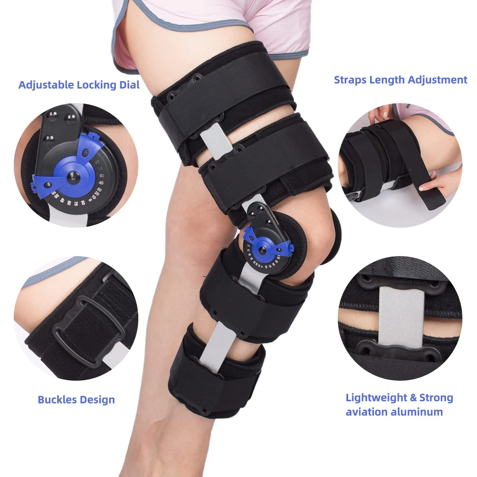 Tairibousy Hinged Knee Brace ROM Post Op Knee Immobilizer Adjustable Knee Immobilizer Support with Side Leg Stabilizers