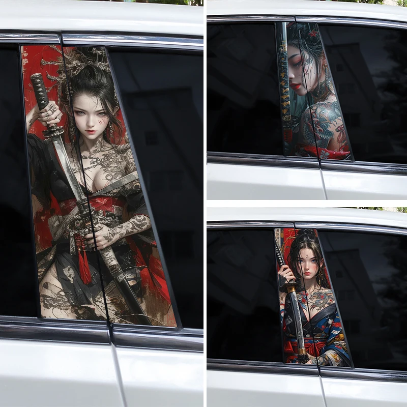 2PCS Waterproof Samurai Female Car Door Post Vinyl Decals B-Pillar DIY Stickers for Modified Car Styling