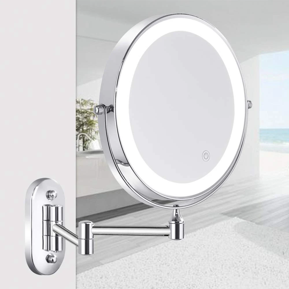 

L73A 2025-Wall Mounted Vanity Bathroom Bath Makeup Mirror With LED Swivel Folding Lighted 1X/5X Magnification Cosmetic Mirror