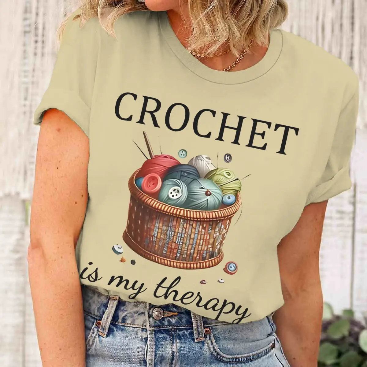 

Funny Crochet T-shirts "Crochet Is My Therapy" Print T Shirts Gift for Crochet Enthusiasts Short Sleeve Crewneck Ladies Y2K Tops