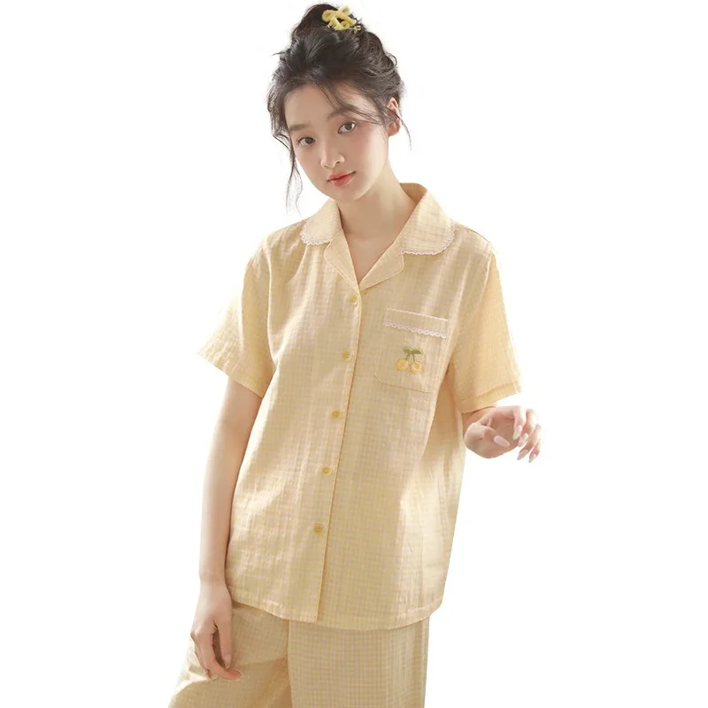 여름 캐주얼 순면 의상 루즈핏 반팔 가디건 작은 라펠 칼라 크롭 팬츠 2피스 세트 스위트 스타일