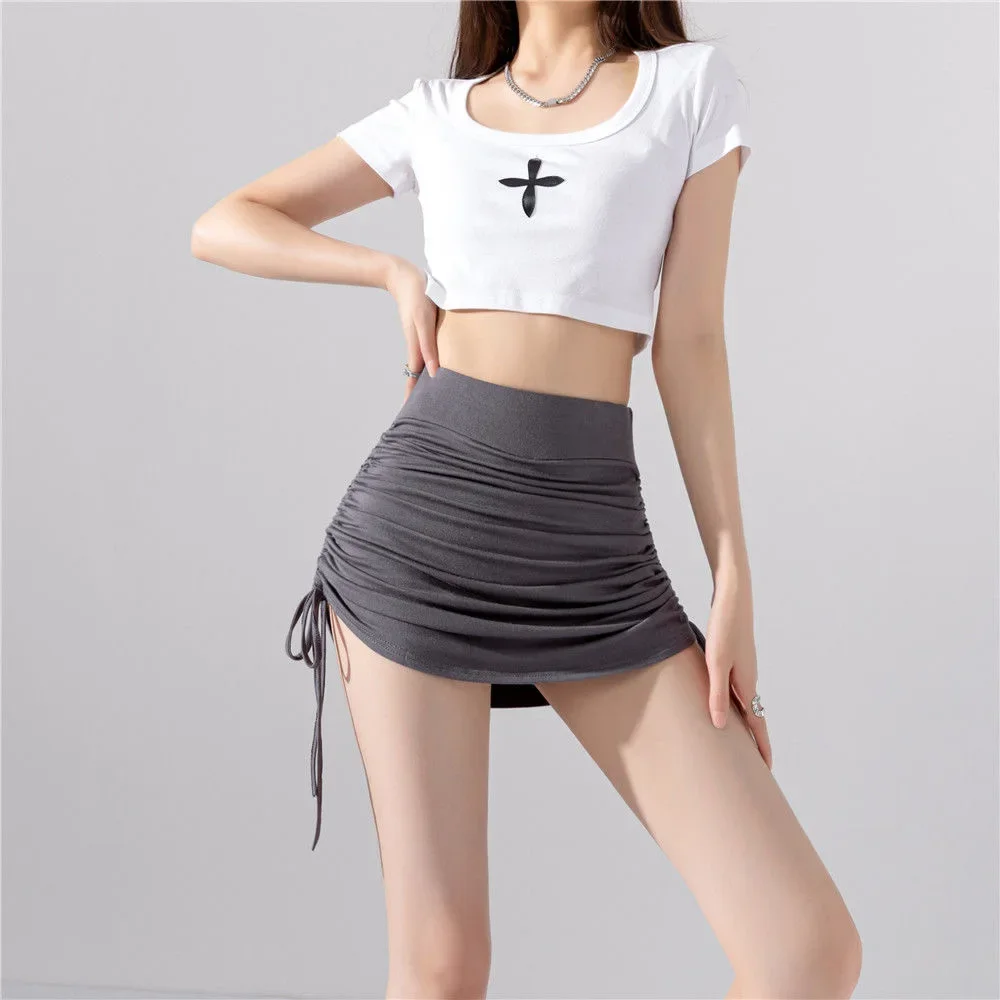 High Waist Drawstring Thin Yoga Pants Women's Spring Summer Short Skirt Bodycon Loose Slimming A- Line Skirt Polyester Fiber