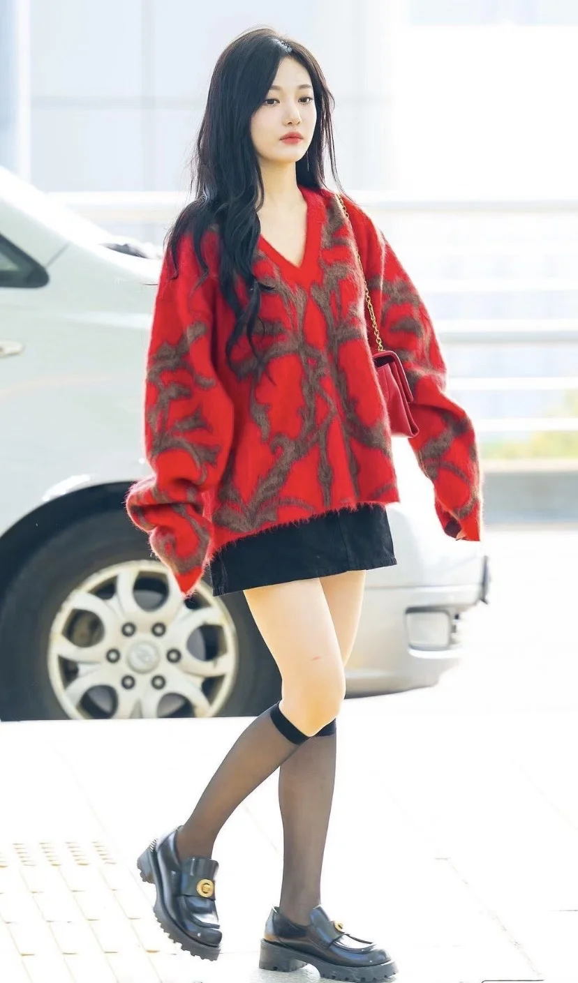 Maglione lavorato a maglia V-Ne in lana Mouton rossa Vestibilità ampia da donna Faion Casual Top invernale Brandymelody Maglieria lunga Sve