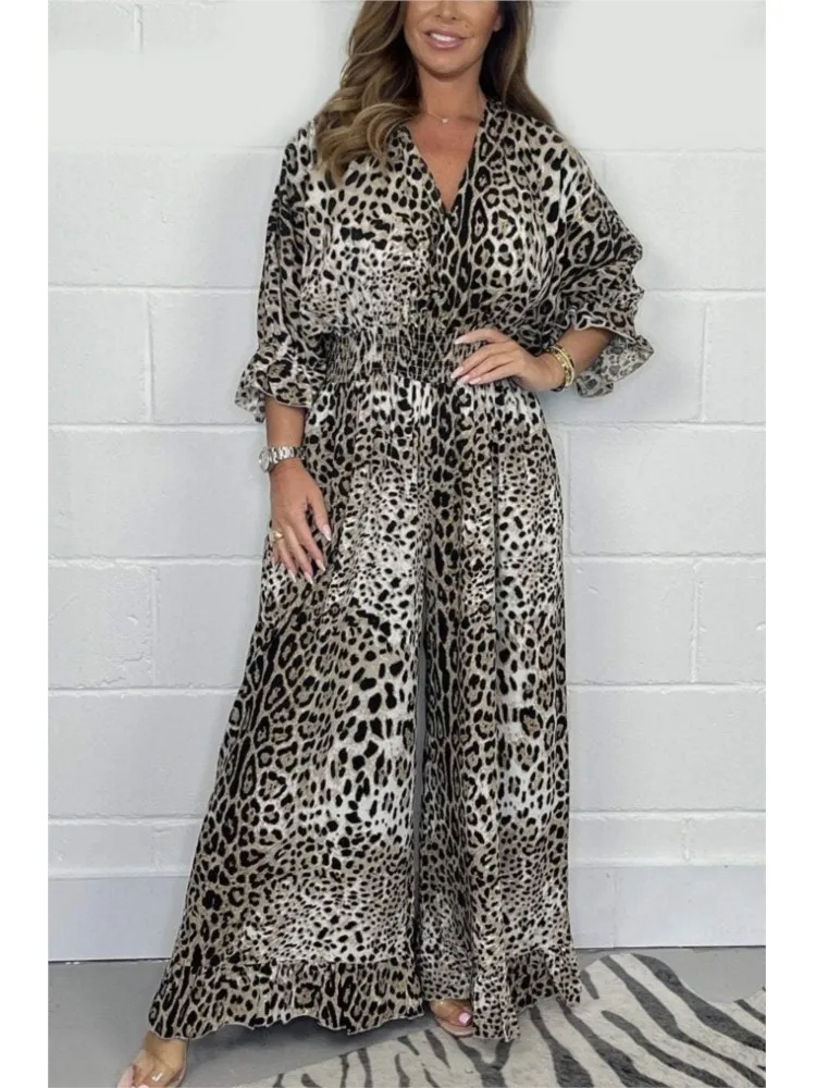 Women Jumpsuit V Neck Leopard Print Wide Leg Mid Sleeve Ruffle Jumpsuit 2024 Summer Loose High Waist Full Length Lady Jumpsuit