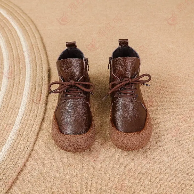 New cow leather ankle boots women laced up waterproof shoes ladies wide fit short boot woman autumn oxfords shoes brown booties