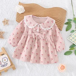 Autumn Baby Girls Dress Cute Cherry Pattern Girls Dress Bow Sweet Beauty Baby Long Sleeve Dress (0-1 Year Old)