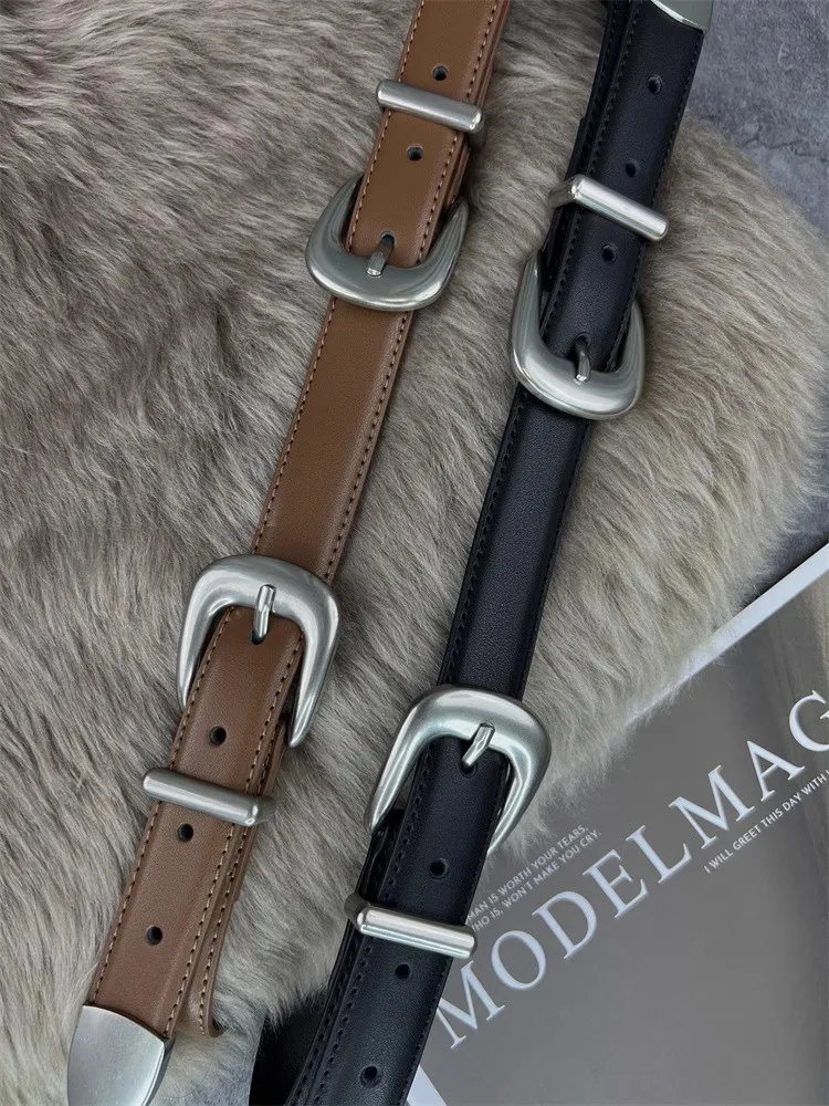 

Women's Vintage Double Buckle Genuine Leather Corset Female Cummerbund Coat Waistband Dress Decration Narrow Belt J050