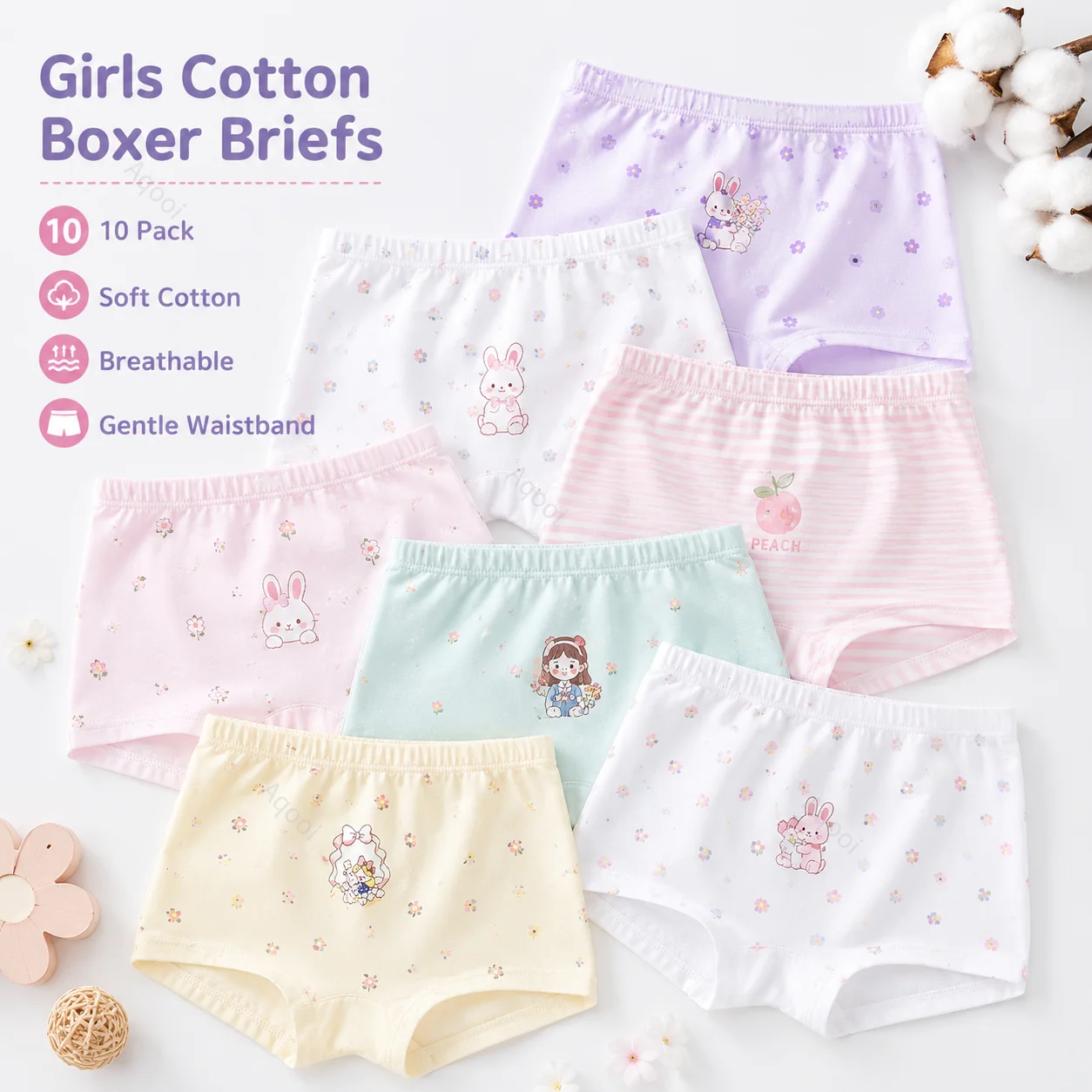 

AQOOI Girls Cotton Boxer Briefs 10 Pack Soft Breathable Kids Underwear Cute Assorted Prints Toddler Girls Panties Comfortable