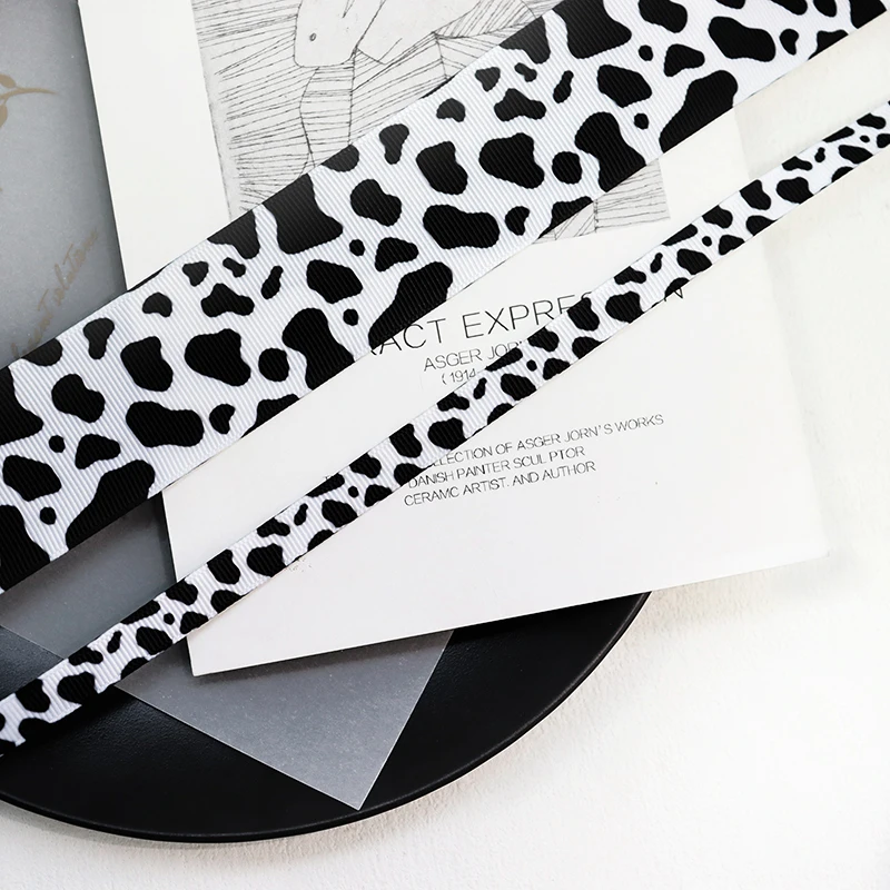 9mm-75mm Black White Cow Skin Spots Pattern Printed Grosgrain Ribbon For DIY Bow Accessories Handmade Crafts Gift Wrap