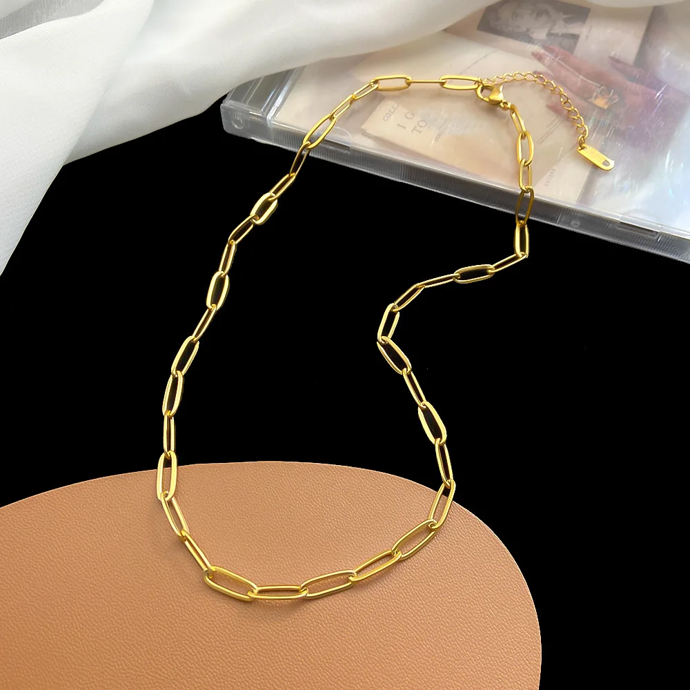 Hot fashion paper clip Chain Chain Necklace Stainless steel gold colour chain necklace jewelry gift for women and men