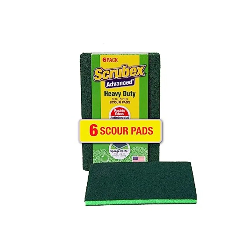 Heavy Duty Odor Resistant Multi-Purpose Scouring Pads, 6 Count for Kitchen and Household, Dual Sided, Safe for Non-Coated Cookw