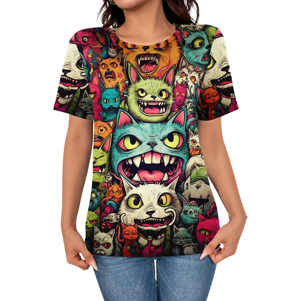 

Women's fashionable short sleeved top, women's summer 3D casual printed cartoon parody cat pattern round neck T-shirt top