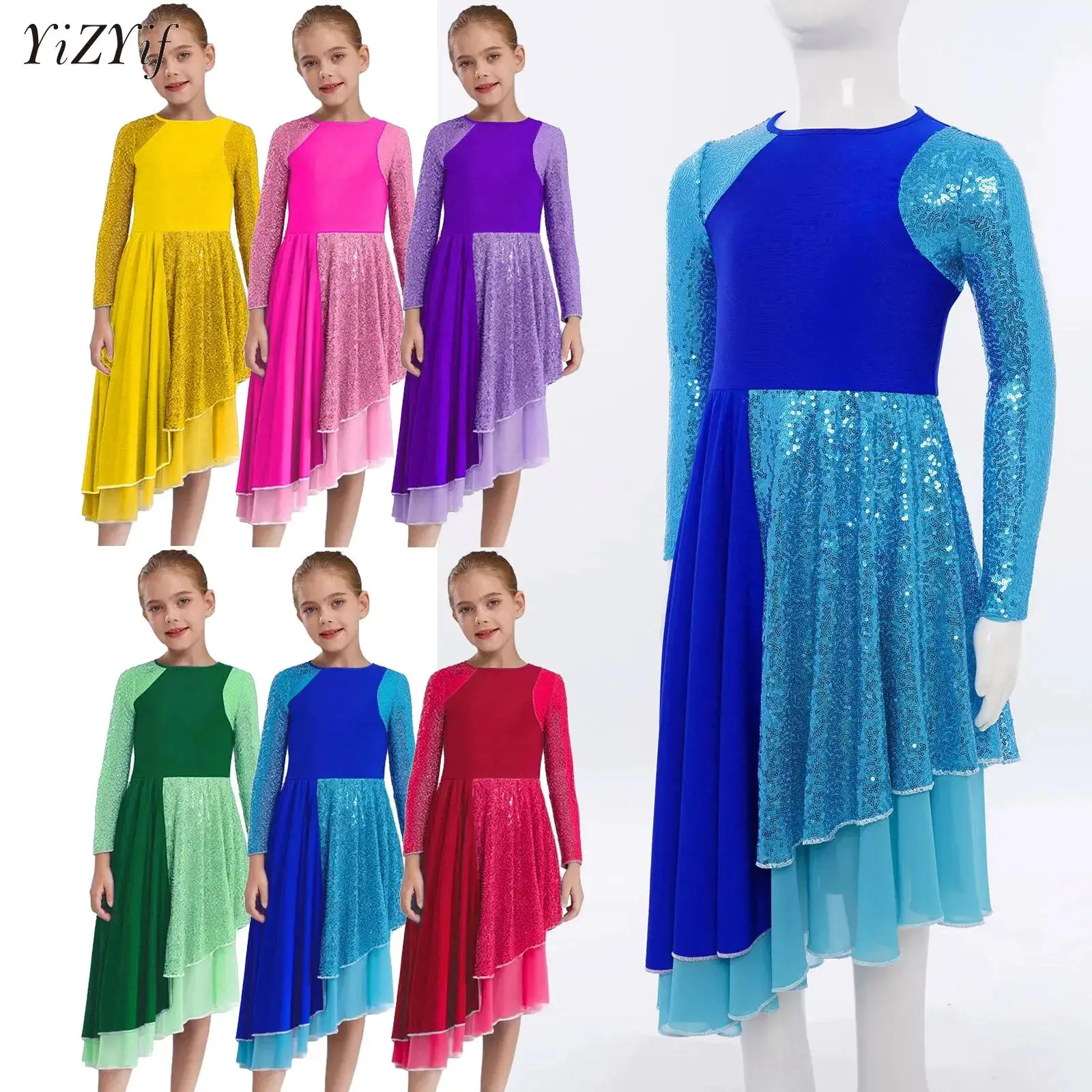 

Kid Girl Sparkling Color Block Praise Dance Dress Long Sleeve Asymmetrical Worship Robe Liturgical Lyrical Performance Dancewear