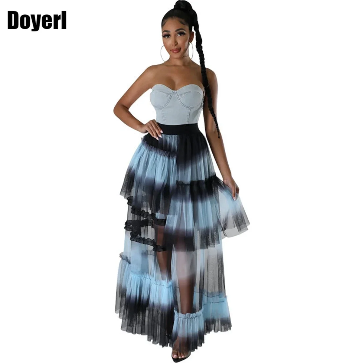 

High Low Irregular Long Tulle Skirts Women Puffy Ruffle Tiered Pleated Elastic High Waist Gradient Elegant Club Party Maxi Skirt