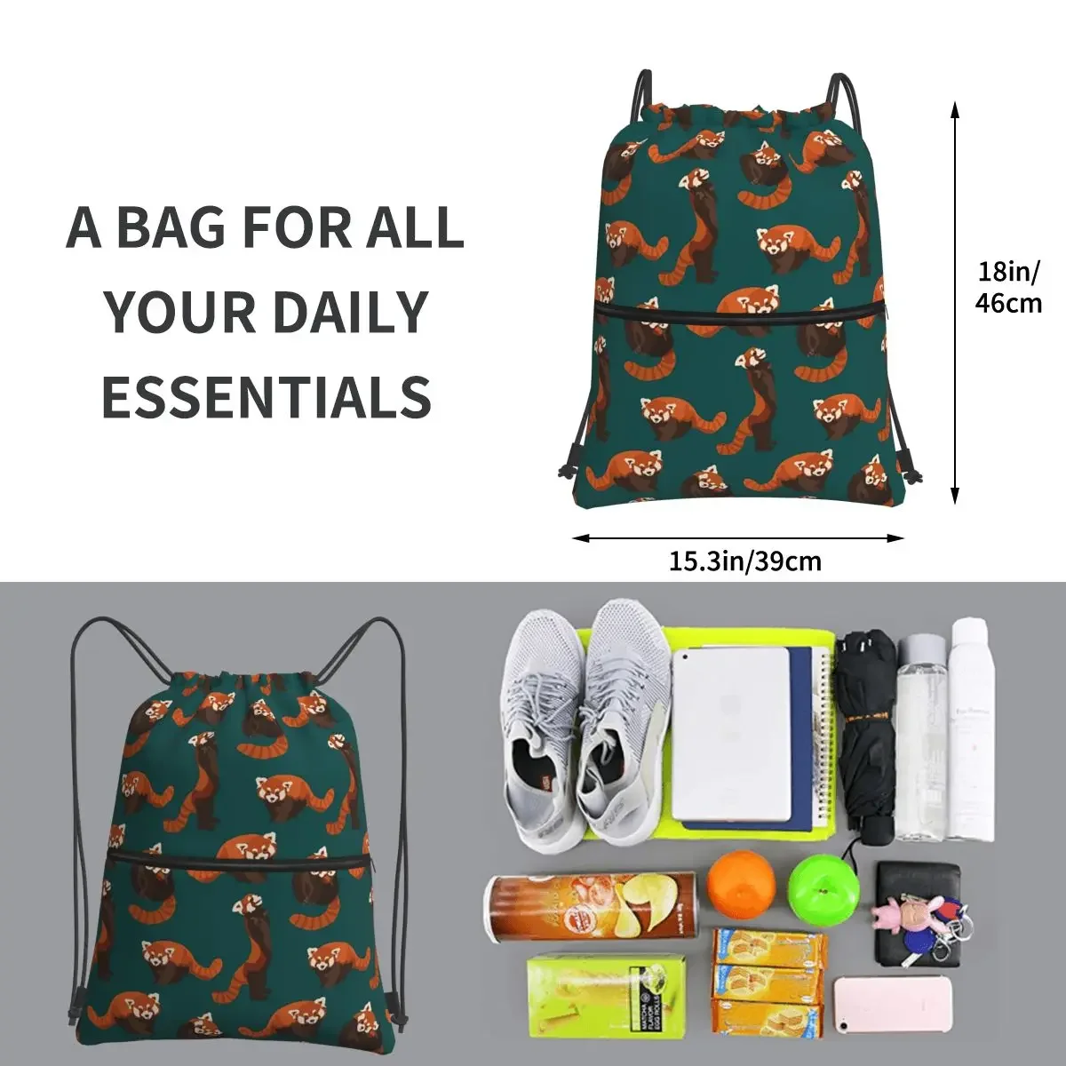 RED PANDA PATTERN Portable Backpacks Drawstring Bag Casual Drawstring Bundle Pocket Shoes Bags For School Students