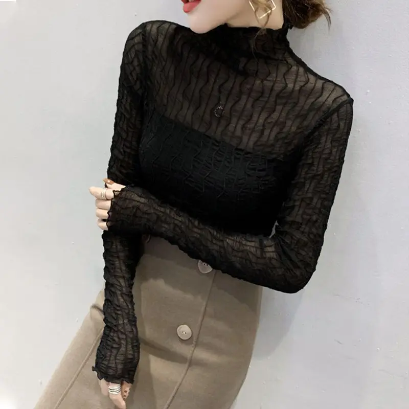 

Blouse Layering Top Undershirt Women's Spring/Autumn High Neck Mesh Sheer Lace Long Sleeves Fashionable Casual Niche Versatile