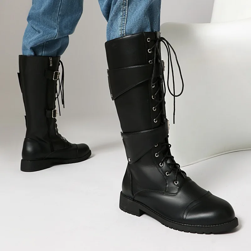 Men Boots Lace-up Mid-calf Boots Fashion Black Motorcycles Boots Platform Belt Buckle Knee High Boot Unisex Plus Size Long Boot