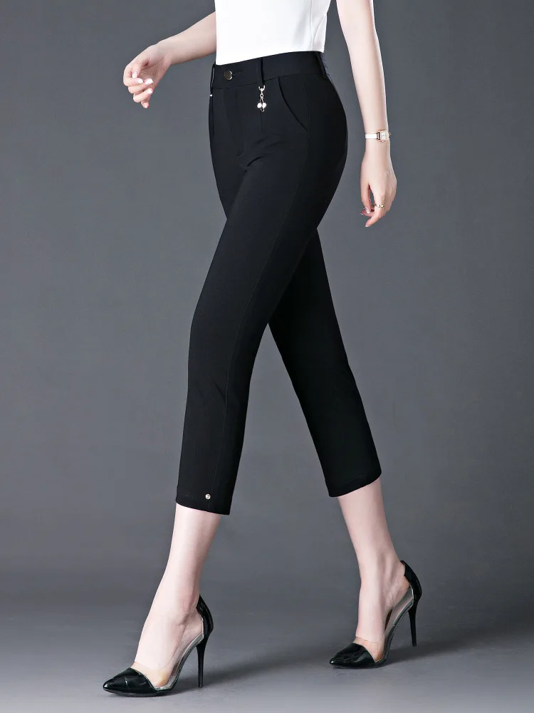 Summer High Waist Women Straight Pants Solid Color Versatile Casual Literary Middle-Age Mom Elegant Cozy Calf-length Trousers